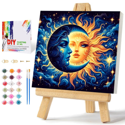 Framed Paint by Numbers Kit for Adults Beginners & Kids Ages 8-12, Sun and Moon Acrylic Easy Paint by Number with Frame, Watercolor Painting by Number Kits on Canvas Framed (8 * 8 Inch, without Easel)