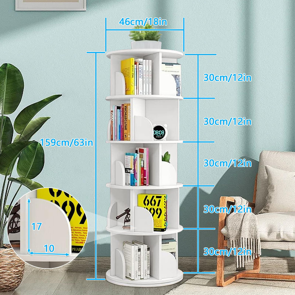 Rotating 5-Tier Bookshelf Tower for Small Spaces - 360° Display Bookcase Ideal for Kids and Adults LIGEAROW