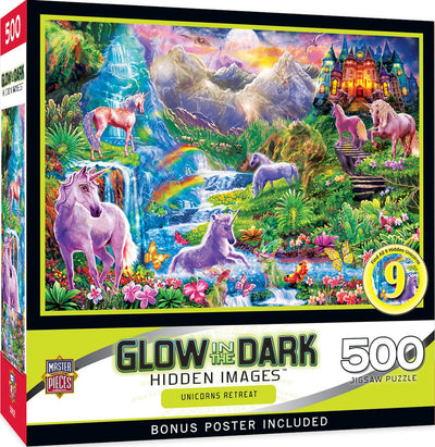 MasterPieces - 500 Piece Jigsaw Puzzle, Glows in the Dark, Hidden Images, Magical Unicorns Retreat, Fun for Adults, Family, Kids, 15" x 21"