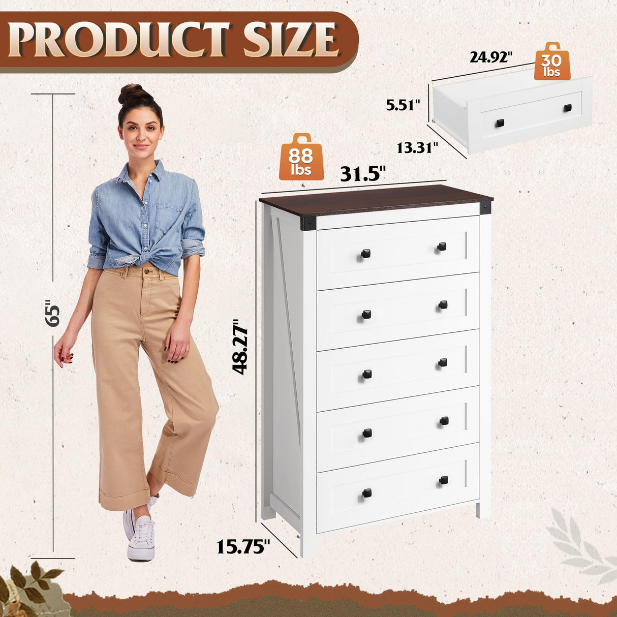 WLIVE Farmhouse White Dresser for Bedroom, 5 Drawer Dresser Storage Organizer, Tall Wood Dressers with Double Rustic Handle, Chest of Drawers for Living Room, Hallway, Closet WLIVE