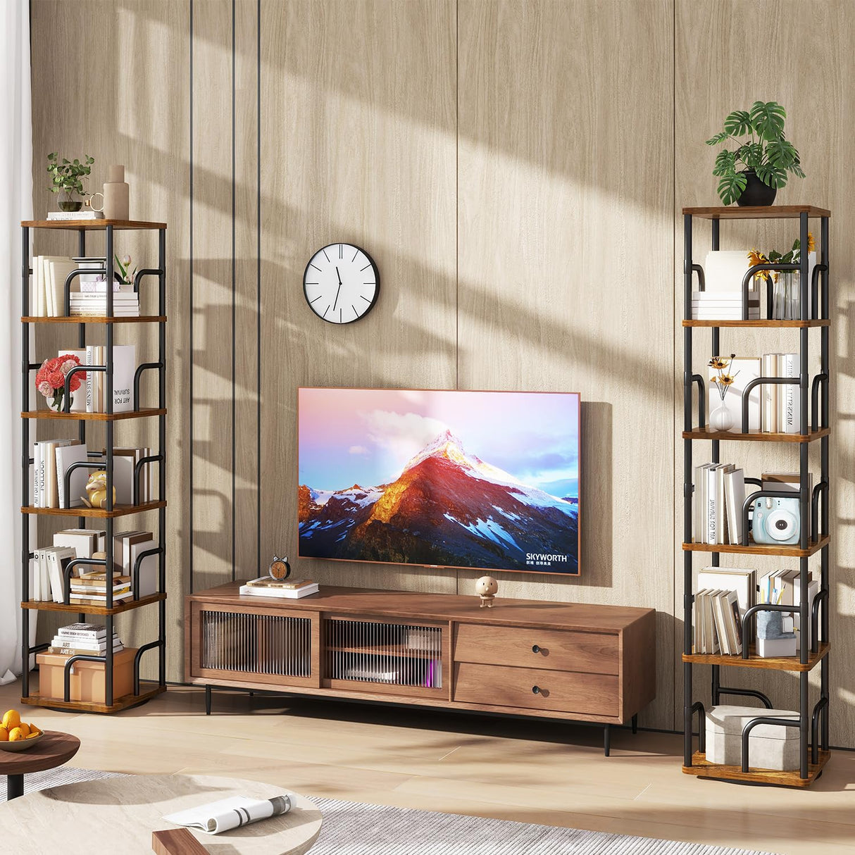 IBUYEK 6 Tier Square Rotating Bookshelf, 360° Spinning Bookcases Tower,Freestanding Corner Bookshelf with Rails,Industrial Swivel Bookcase Organizer for Bedroom, Living Room,Study,Brown,UTBC005H IBUYKE