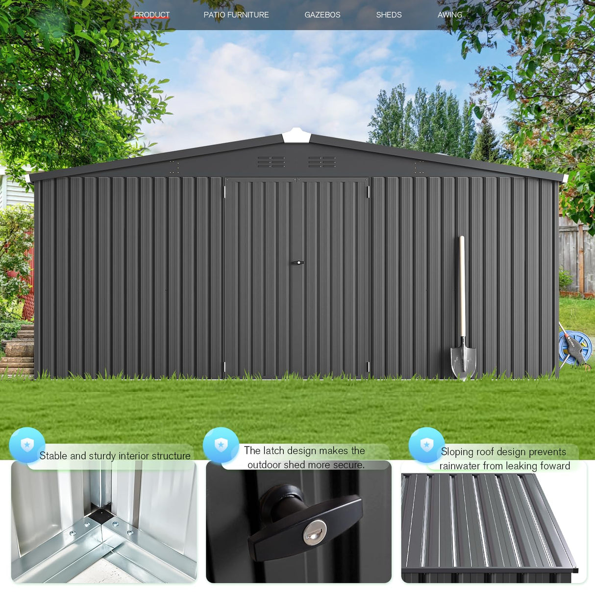 AECOJOY Shed 14' x 12' Storage Shed, Outdoor Metal Storage Sheds & Outdoor Storage 12x14 with Lockable Doors, Large Steel Yard Shed, Utility Tool Storage for Garden, Patio, Outside use in Dark Grey AECOJOY
