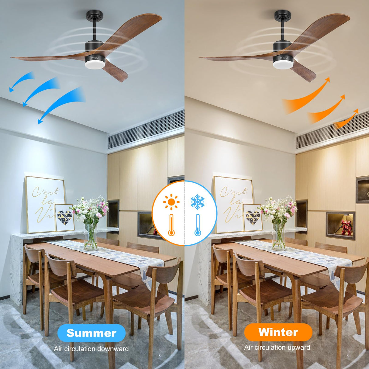 Wisful 56" Ceiling Fans with Lights Remote Control,Outdoor Wood Ceiling Fan with Light Memory for Patio Gazebo Living Room Bedroom(Walnut and Black) Wisful