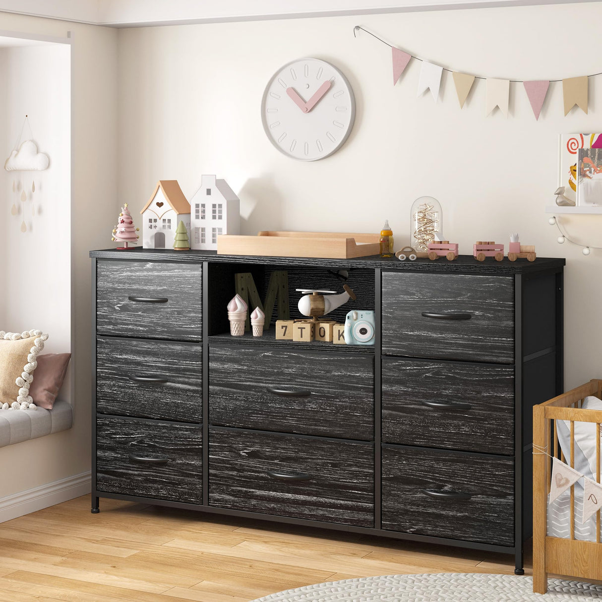 EnHomee Black Dresser for Bedroom with Charging Station, 8 Drawers Dressers & 55 inch TV Stand for Bedroom, Fabric Chest of Drawers with Open Shelves, Sturdy Dresser for Closet Living Room, Hallway EnHomee