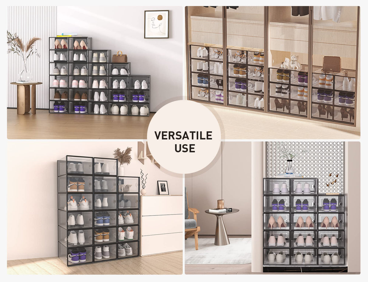 Kuject X-Large Shoe Storage Boxes Organizers Clear Plastic Stackable 12 Pack, Shoe Rack & Holder Substitute, Sneaker Containers, Toy Storage Organizer Bins for Entryway, Closet, Under Bed, Black Kuject