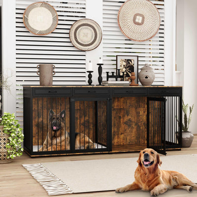 Timechee 93" Extra Large Dog Crate with Double Rooms, Heavy Duty Wooden Dog Cage Furniture Dog Crate Kennel with Drawers & Removable Divider,Indoor Luxury Dog House for Large Medium Dogs, Rustic Brown