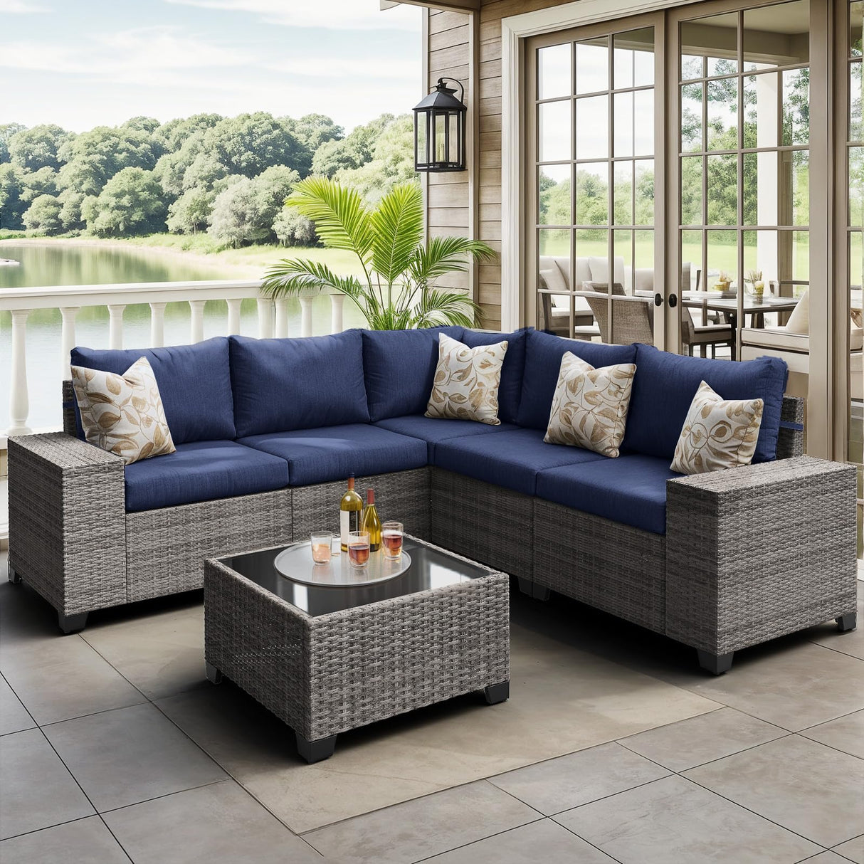JOIVI Patio Furniture Set with Coffee Table - Flexible 6 Piece PE Wicker Rattan Outdoor Sofa Configuration, Enhanced Comfort with Additional Cushion Covers, Ideal for Family Game Nights, Blue JOIVI