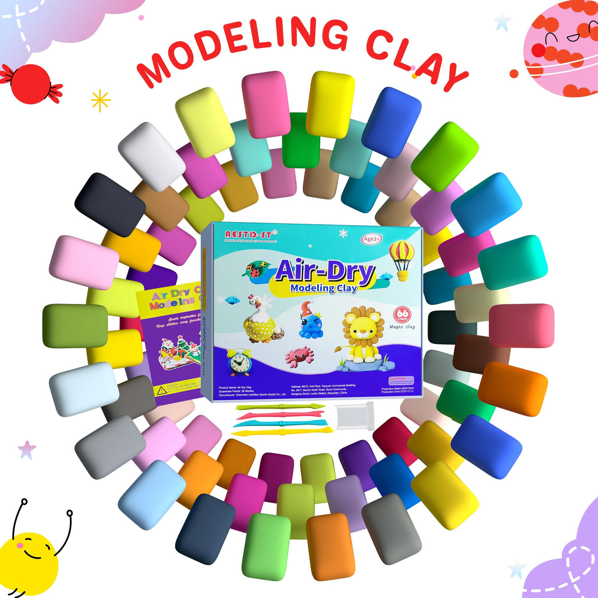 Air Dry Clay 66 Colors, Modeling Clay for Kids, DIY Model Magic Clay, Molding Clay Kit with Sculpting Tools, Non-Sticky Soft and Super Light, Arts and Crafts Gift for Boys Girls Kids. Aestd-ST