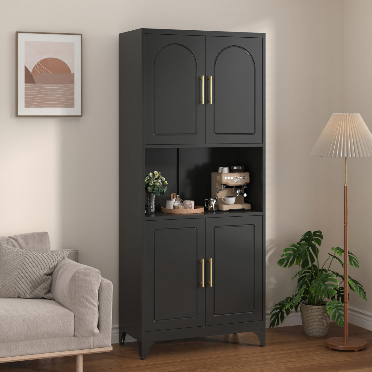 Polup Kitchen Pantry Cabinet, 75" H Kitchen Hutch with Microwave Stand, Food Cupboard with Countertop, Metal Storage Cabinet with Doors and Shelves for Living & Dining Room, Black - Assemble Required Polup