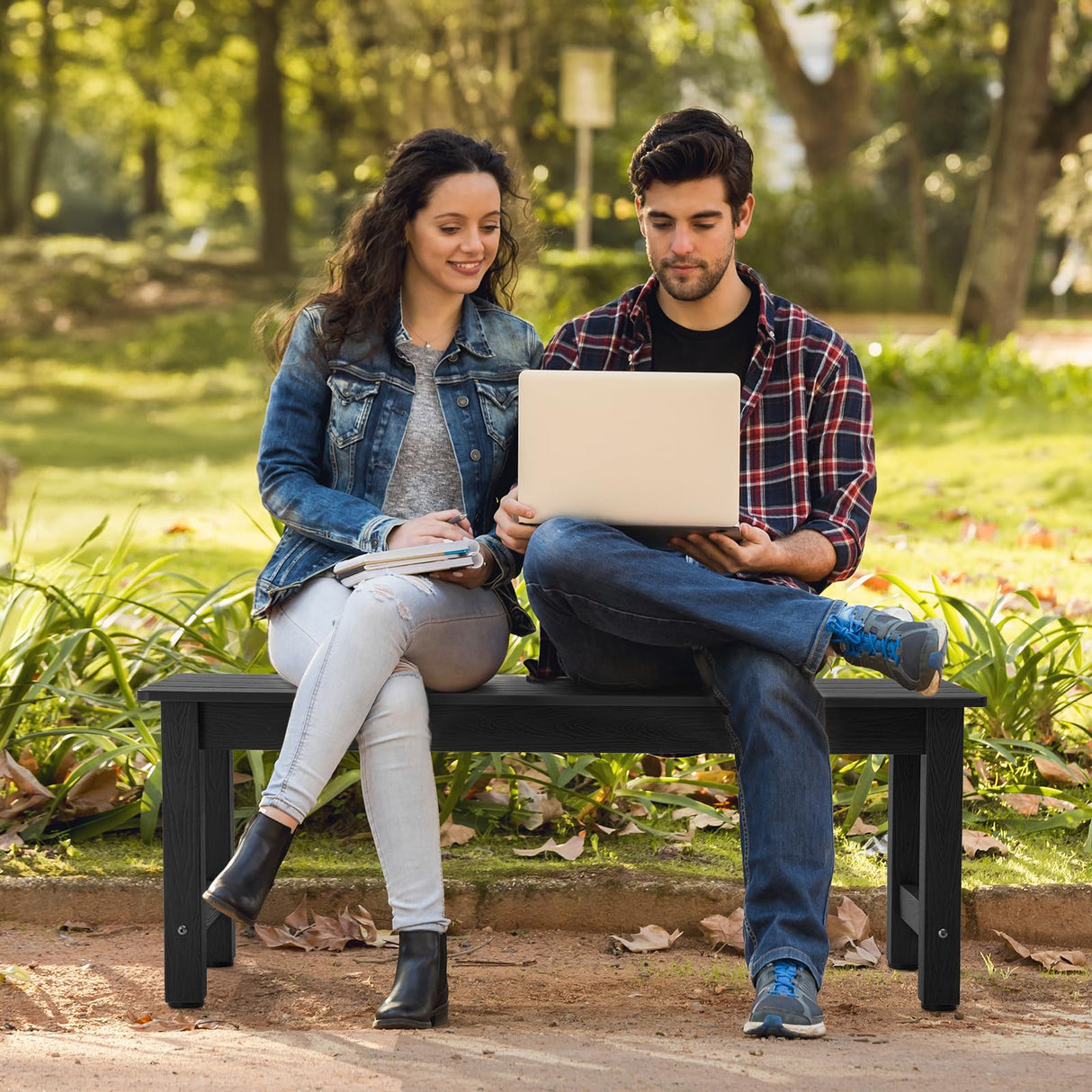 ONBRILL Outdoor Bench, 2-Person Poly Lumber Garden Bench, All-Weather Patio Bench Will not Rot and Fade for Garden, Porch, Backyard and Park, Easy Installation, Black ONBRILL