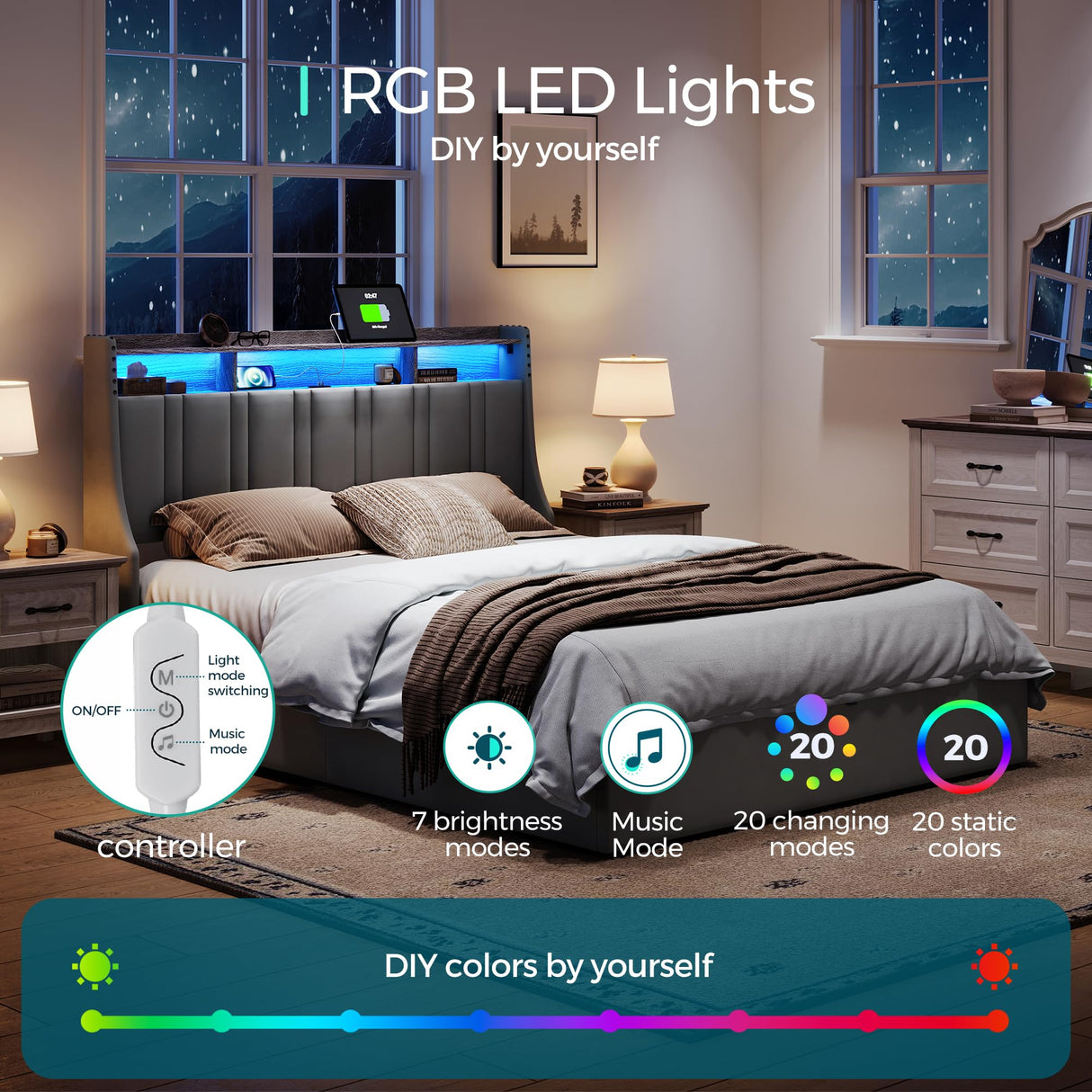 LINSY Queen Bed Frame, Lift Up Storage Bed, Velvet Upholstered Bed with Storage Headboard and Charging Station & LED Lights, Hydraulic Storage, Strong Wooden Slats Support, Noise Free, Dark Grey LINSY