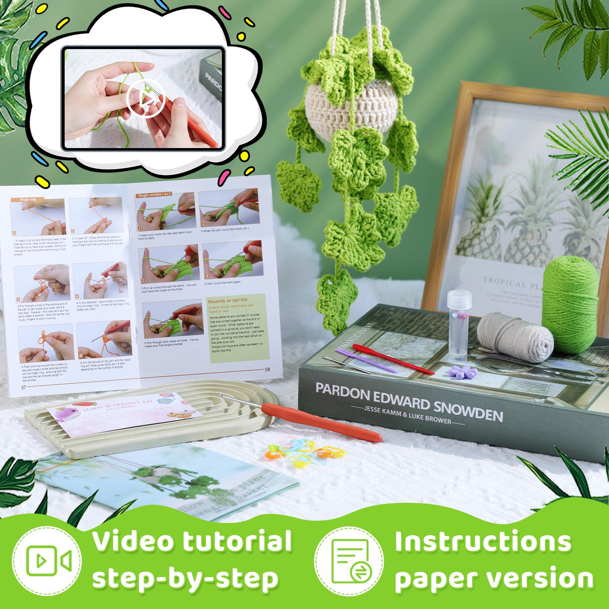 kdafio Crochet Kit for Beginners, Hanging Potted Plants Crochet Starter Kit with Step-by-Step Instructions and Video Tutorials Complete Crochet Kit for Beginners Decoration (Yellow Green Plants) kdafio