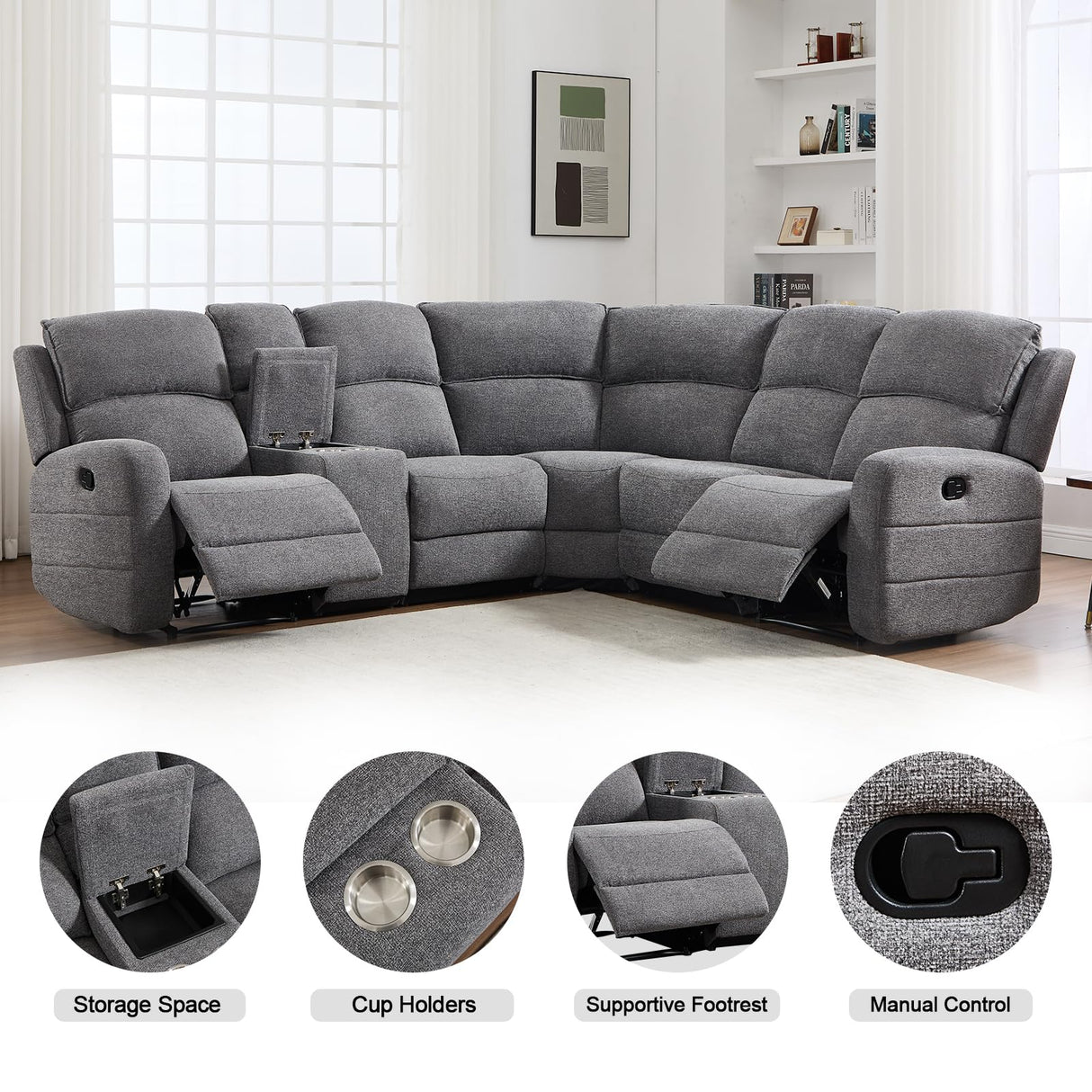 EBELLO Fabric L-Shaped Reclining Sectional Sofa Couch for Living Room, Manual Recliner Oversized Sofa, with Padded Headrest, 2 Cup Holders, Storage Space, 5-Seater Home Furniture Set, Grey EBELLO