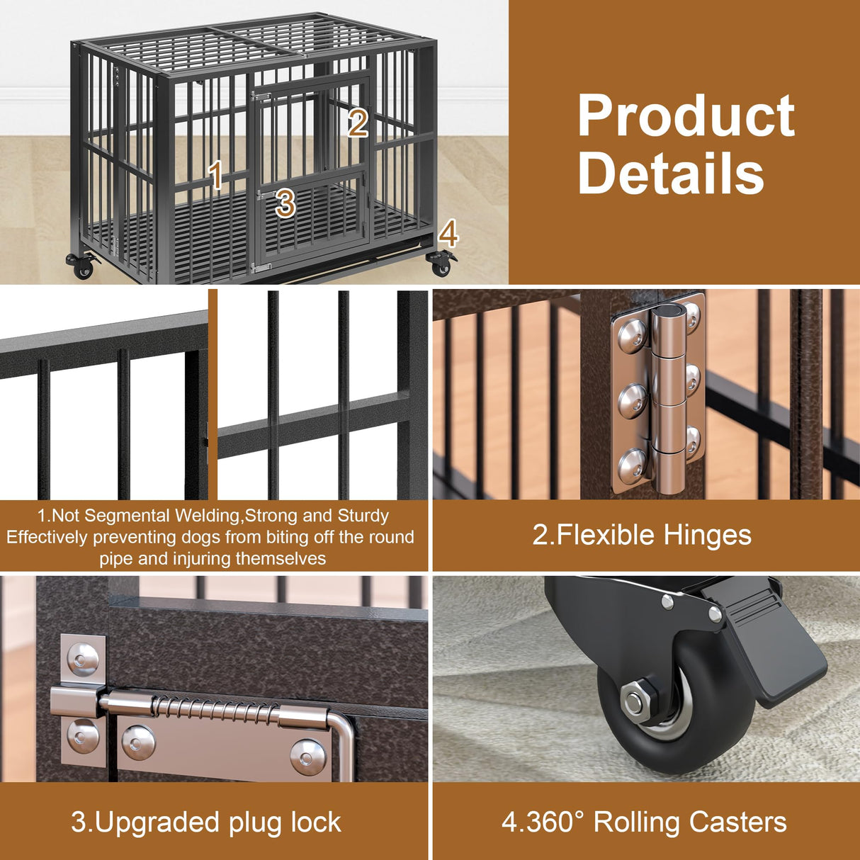 Polar Aurora Heavy Duty Dog Crate, Foldable Indestructible Dog Kennel, Escape Proof Extra Large Dog Cage with Lockable Wheels, High Anxiety Pet Playpen with Double Door for Indoor/Outdoor Use. (43in) Polar Aurora