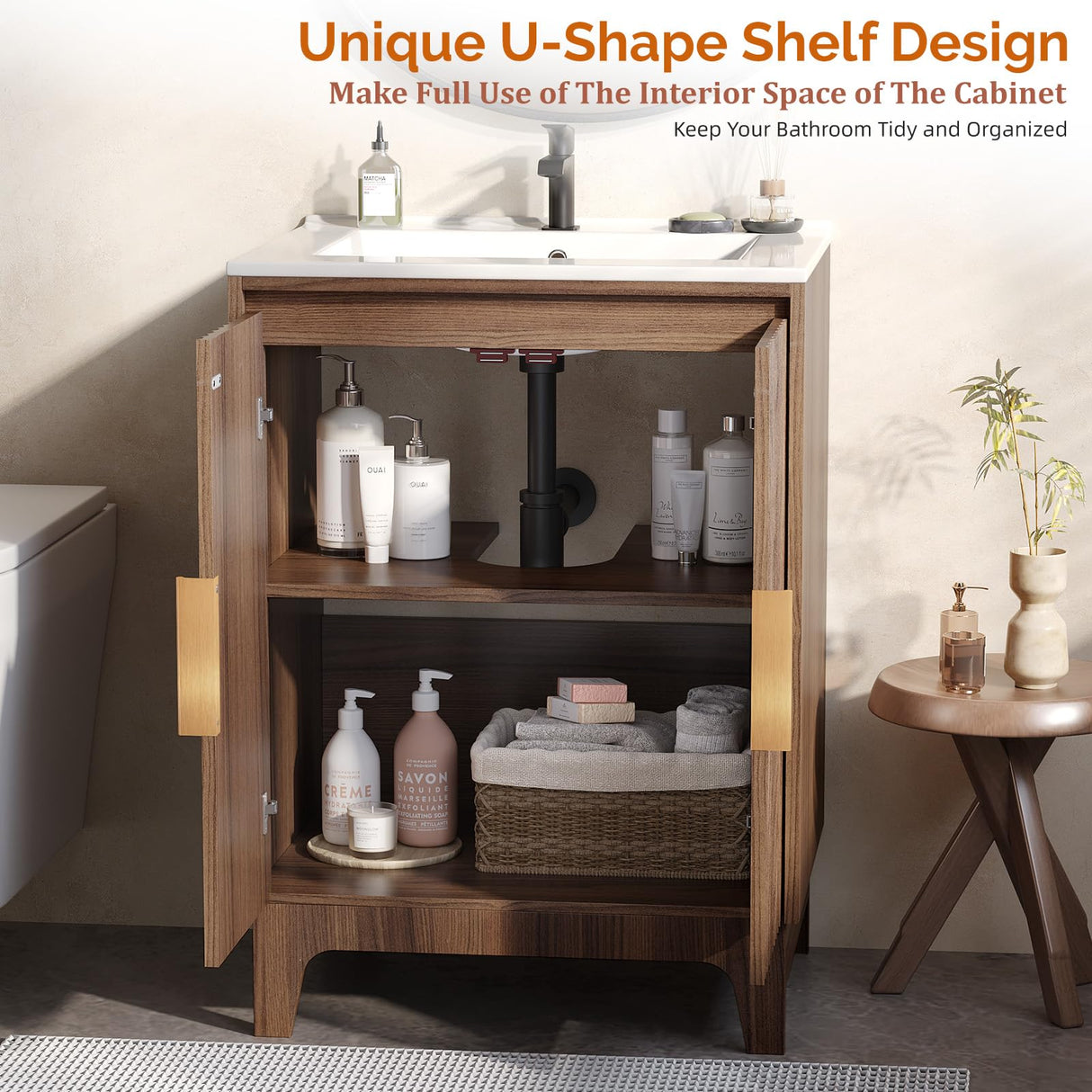 VINGLI Fluted Bathroom Vanity with Ceramic Sink, Bathroom Vanity Cabinet with 2 Doors, 24 Inch Restroom Sink Cabinet Combo, Mid-Century Modern Floor Storage Cupboard w/U Shape Shelf Walnut VINGLI