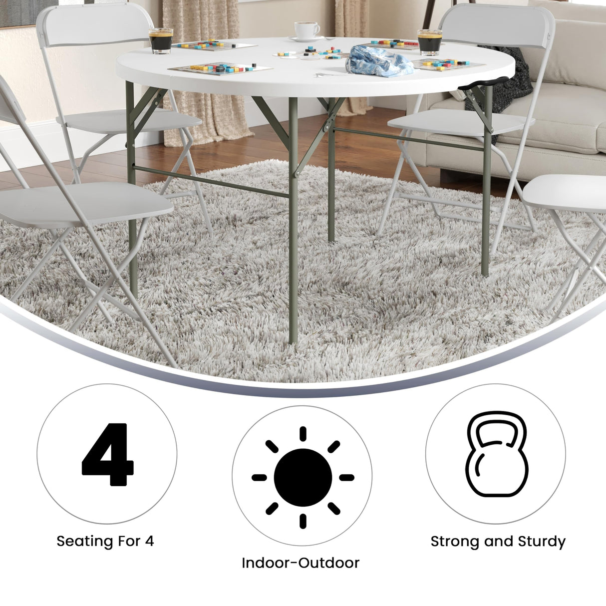 Flash Furniture Freeman 4' Round Plastic Folding Event Table with Carrying Handle, Bi-Fold Portable Banquet Table for Indoor/Outdoor Events, White Flash Furniture