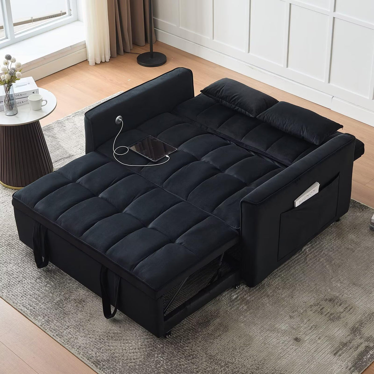 POYISOU Modern 3 in 1 Convertible Sleeper Sofa Couch Bed with USB, Adjustable Backrest Velvet Pull Out Sofa Bed, Loveseat Sleeper Couch, Couches for Living Room, Bedroom, Apartment, Black POYISOU