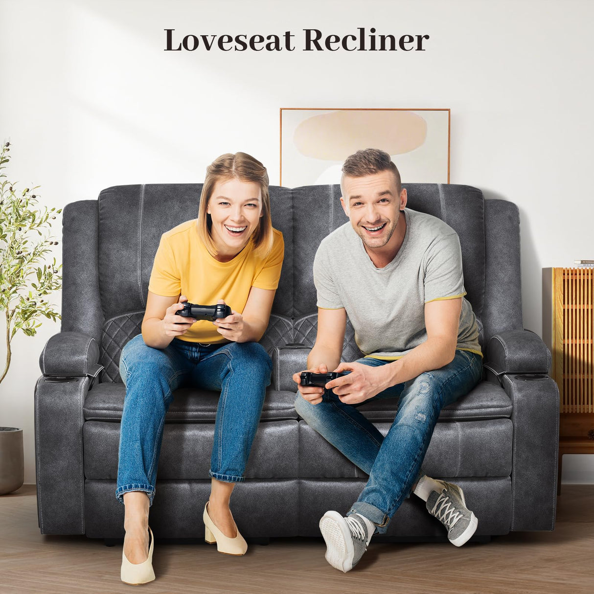 Yolsali Loveseat Recliner Sofa, Manual Reclining Loveseat with Removable Armrest, Dutch Velvet Recliner Loveseat for Adults with 2-Tier Cushions, USB Charging Ports, Cup Holders - Grey Yolsali