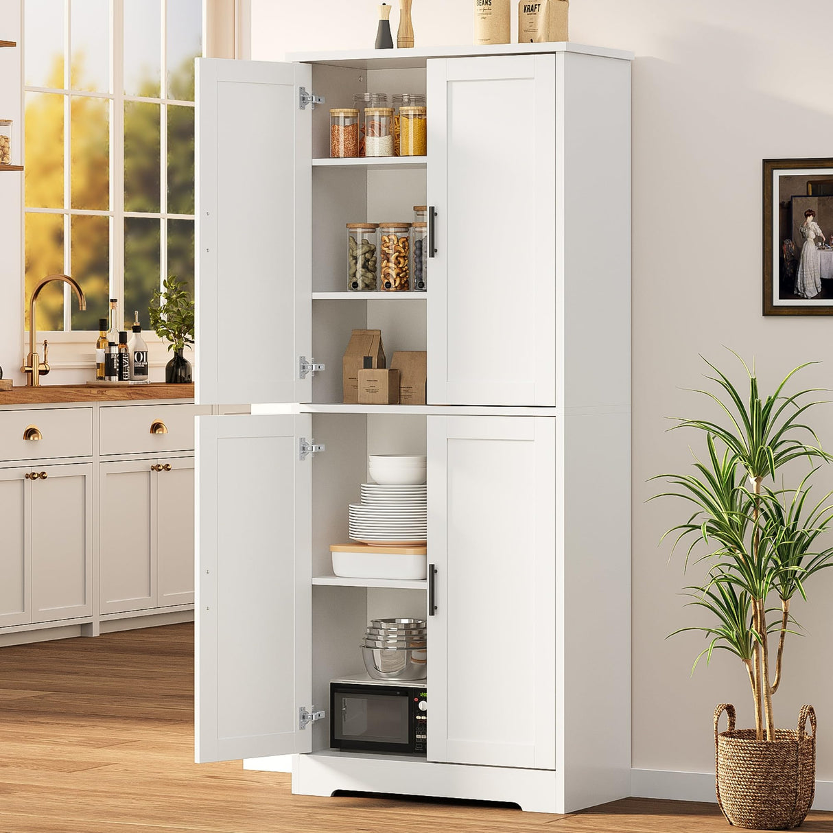 GarveeHome 70 in Tall Kitchen Pantry Cabinet, Freestanding Storage Cabinet with 4 Doors and Adjustable Shelves, Utility Hutch Cupboard for Dining Room, Bathroom, Living Room (Style A, White) GarveeHome