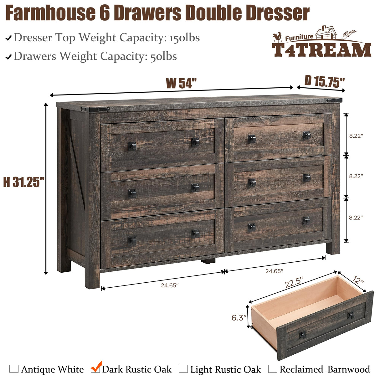 T4TREAM Farmhouse 6 Drawers Dresser Chests for Bedroom, Wood Rustic Wide Chset of Drawers,Storage Dressers Organizer for Bedroom, Living Room,Hallway, Dark Rustic Oak T4TREAM