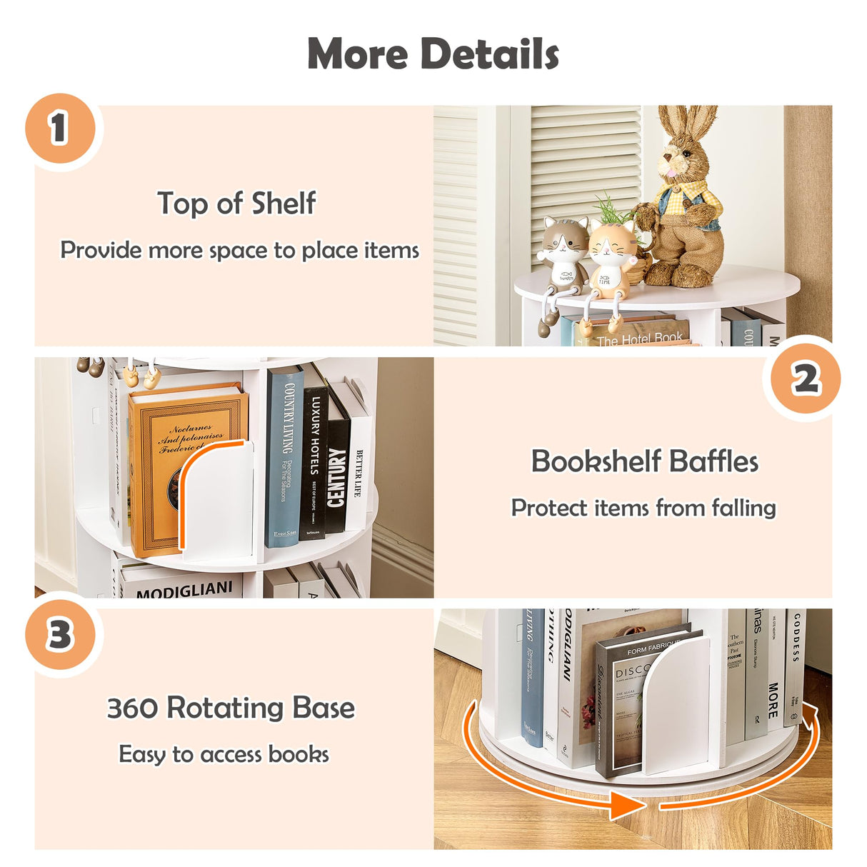 upsimples Rotating Bookshelf, 360° Display Corner Shelf for Book, 4 Tier Floor Standing Spinning Bookcase, Narrow Storage Rack for Kids Room, Bedroom, Living Room, White upsimples