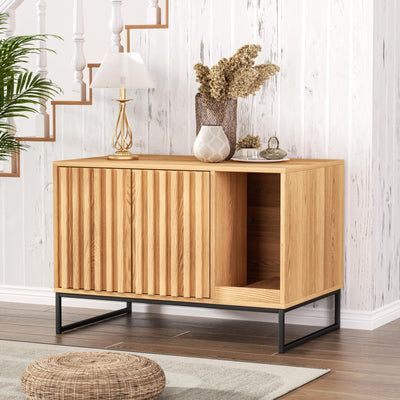 FiveWillowise Litter Box Enclosure, Modern Fluted Hidden Litter Box Furniture,Cat Litter Box Enclosure with Scratching Mat,Cat House Side End Table,Natural