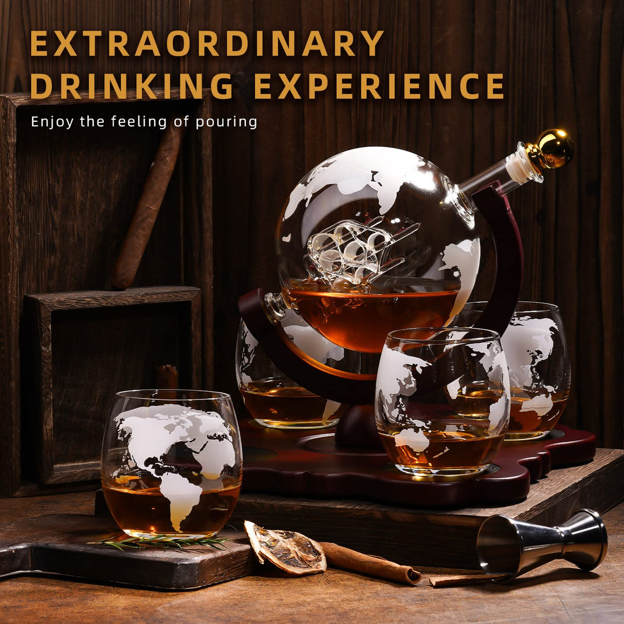 Gifts for Men Dad Husband, Whiskey Decanter Set with 4 Etched Globe Glasses, Unique Anniversary Birthday House Warming Gift for Brother Boyfriend, Cool Bourbon Presents Oaksea