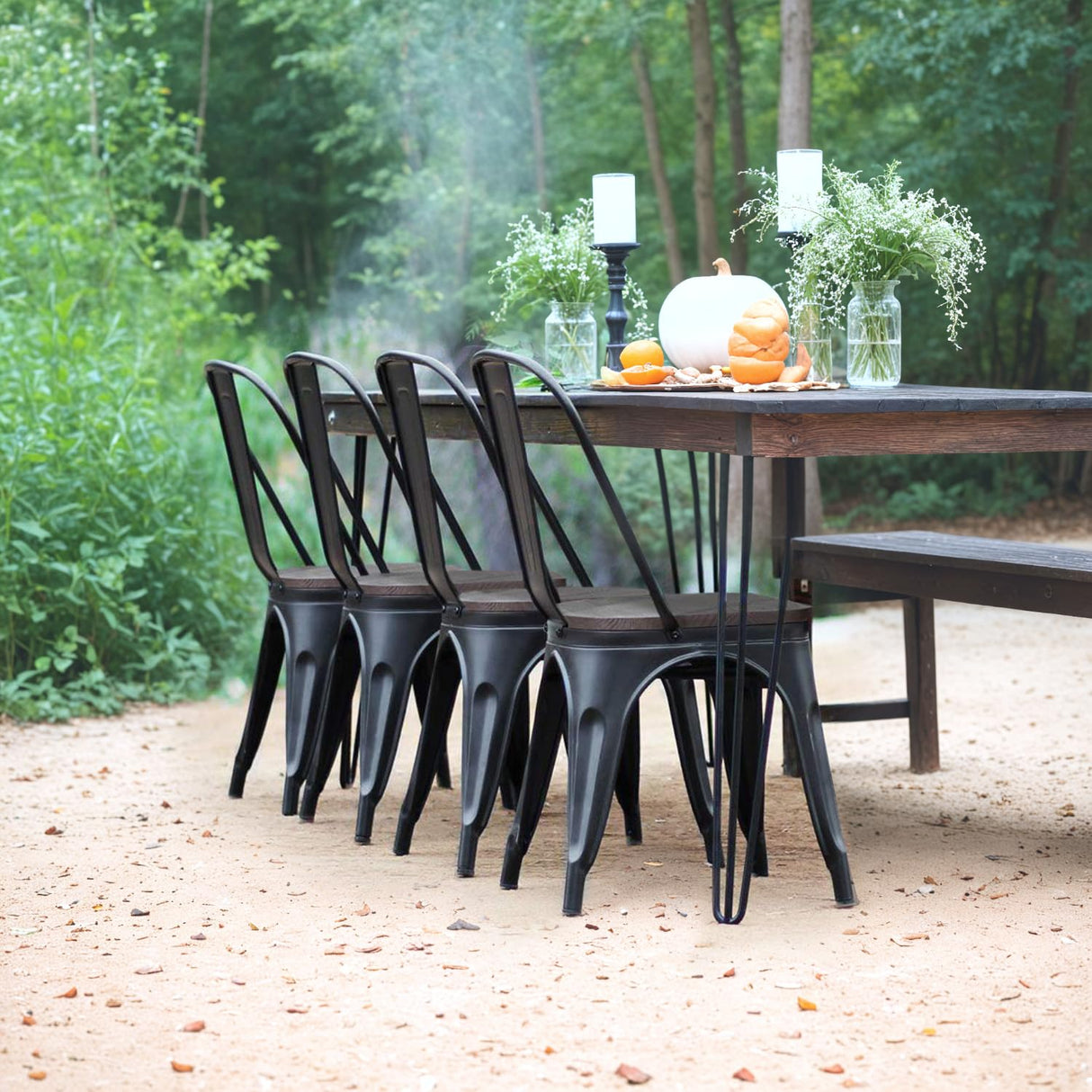 JUMMICO Metal Dining Chair Stackable Industrial Vintage Kitchen Chairs Indoor-Outdoor Bistro Cafe Side Chairs with Back and Wooden Seat Set of 4 (Black) JUMMICO