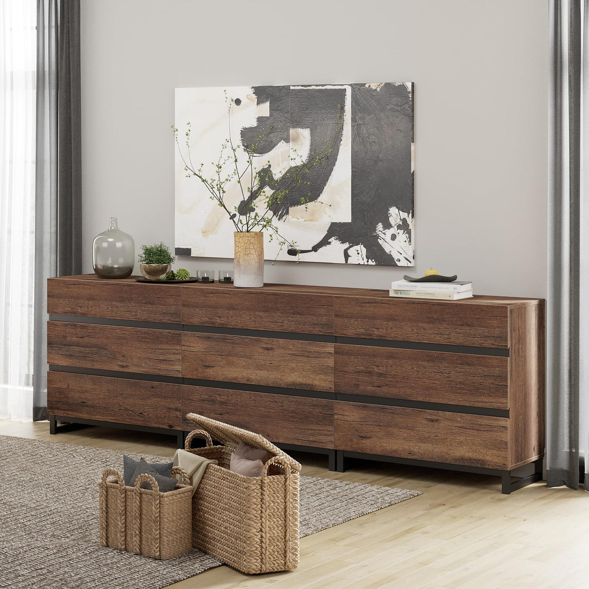 WAMPAT Dresser for Bedroom, Closet Organizers and Storage with 9 Drawers, Chest of Drawers with Metal Base, Wooden Modern Dresser for Living Room, Hallway, Entryway, Brown WAMPAT