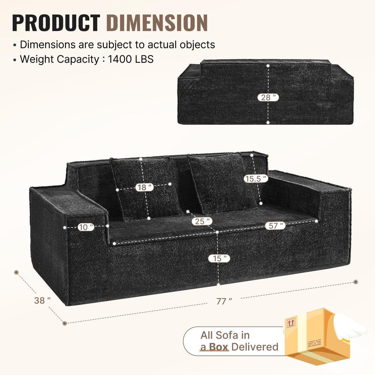 77'' Modern Cloud Loveseat Couch, No Assembly Required Deep Seat Sofa in Chenille Includes 2 pcs Pillows for Living Room, Bedroom, Apartment(Black) Luxanimarion