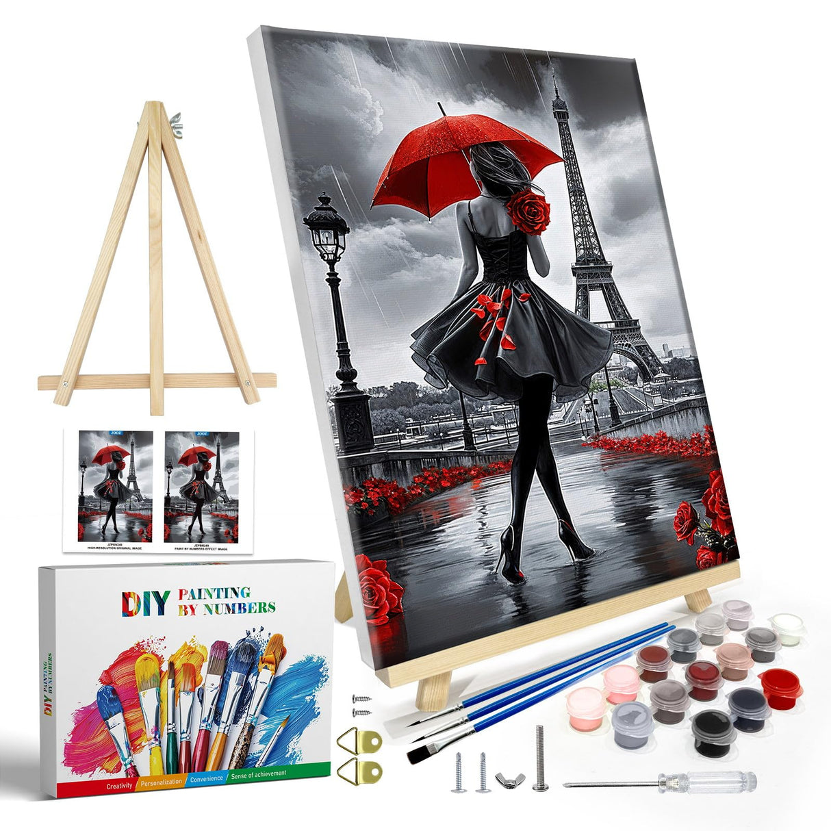 JOOZ Paint by Numbers Kit for Adults with Frame, Eiffel Tower Paint by Number with Easel, DIY Rose Woman Oil Painting by Numbers with Red Umbrella, Adult Paint by Number Kits for Wall Decor 8x12 Inch JOOZ