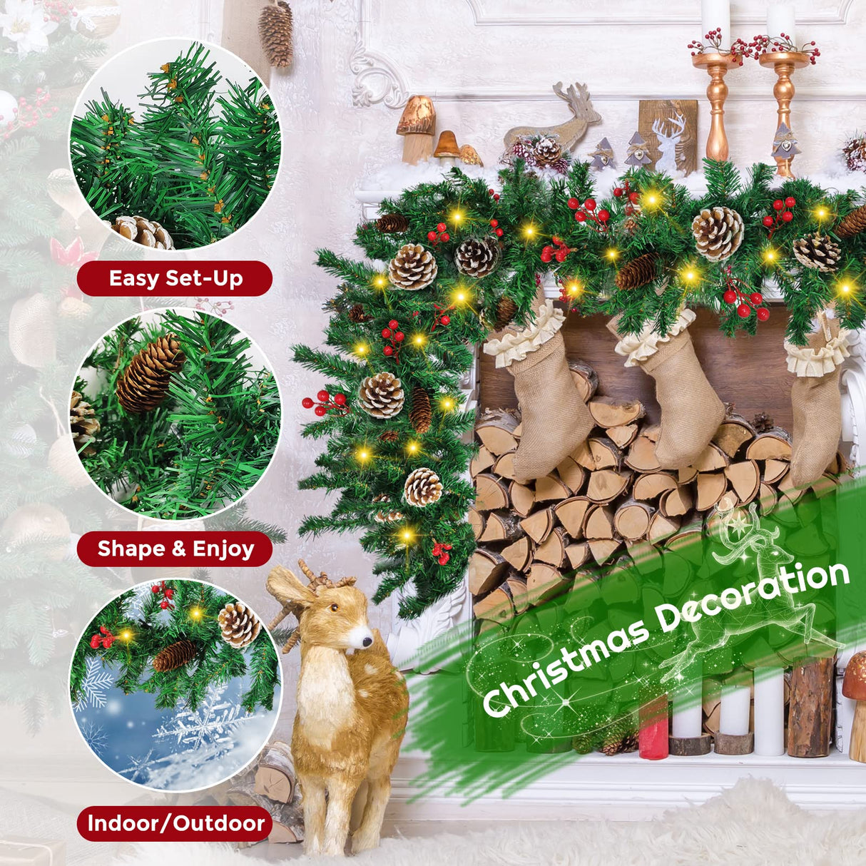 Mduvoz Christmas Garland, 12FT Prelit Christmas Garland with 100 LED Lights, Greenery Xmas Garland with 20 Pine Cones 90 Red Berry Christmas Decoration for Indoor Outdoor Home Mantel Fireplace Mduvoz