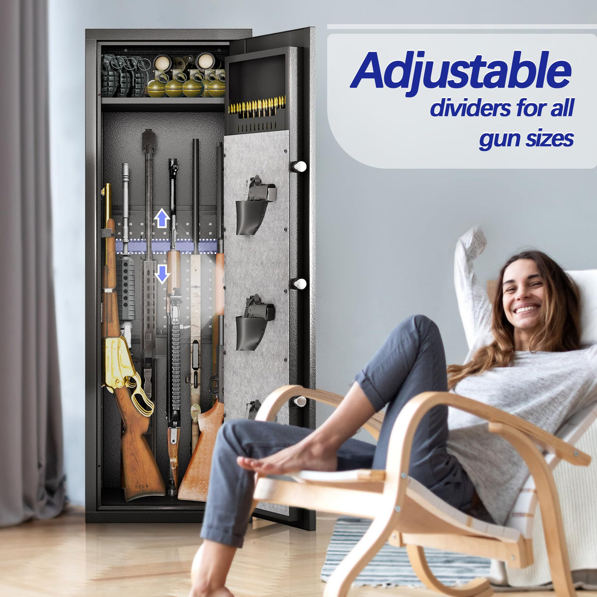 10-15 Large Gun Safe Cabinet With 3 Pistol Pouches,rifle Gun Safes for Home fireproof waterproof Adjustable Rack and Biometric Lock,Heavy-Duty Gun Safes for Rifles and Shotguns Money and Valuable PRESTELION