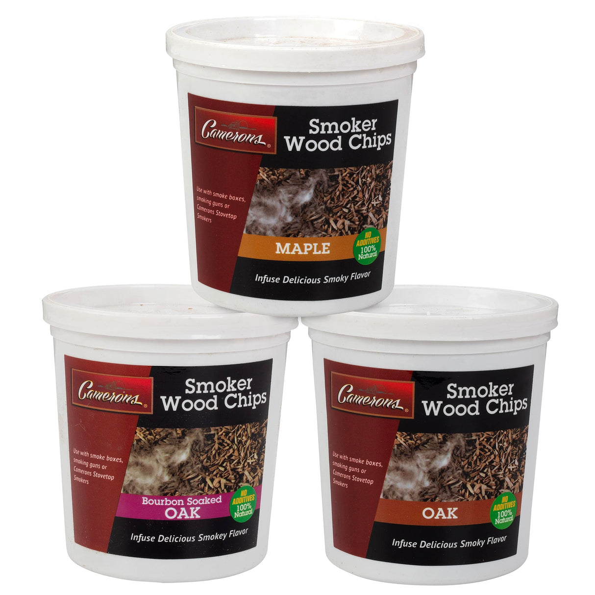 Camerons All Natural Extra Fine BBQ Wood Chips, 3 Pack - Bourbon Oak, Oak, Maple (3 Pints, 0.473L ea) - Kiln Dried Sawdust Shavings for Smoking Guns, Smokers, Smoke Boxes - Barbecue Grilling Gift Set Camerons