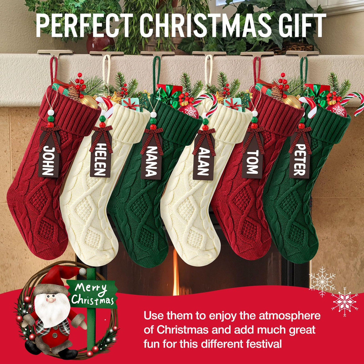 Hommtina Christmas Stockings, Personalized Christmas Stockings 18 Inches Large Size Cable Knitted Stocking Gifts (6pcs White&red&Green) Hommtina