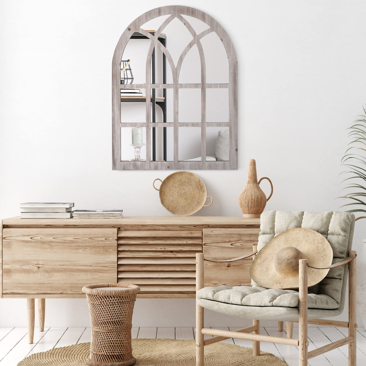 HOMCOM 41" x 31.5" Large Rustic Wall Mirror, Arch Window Mirror for Wall Decor in Living Room, Bedroom, Entryway, Natural HOMCOM