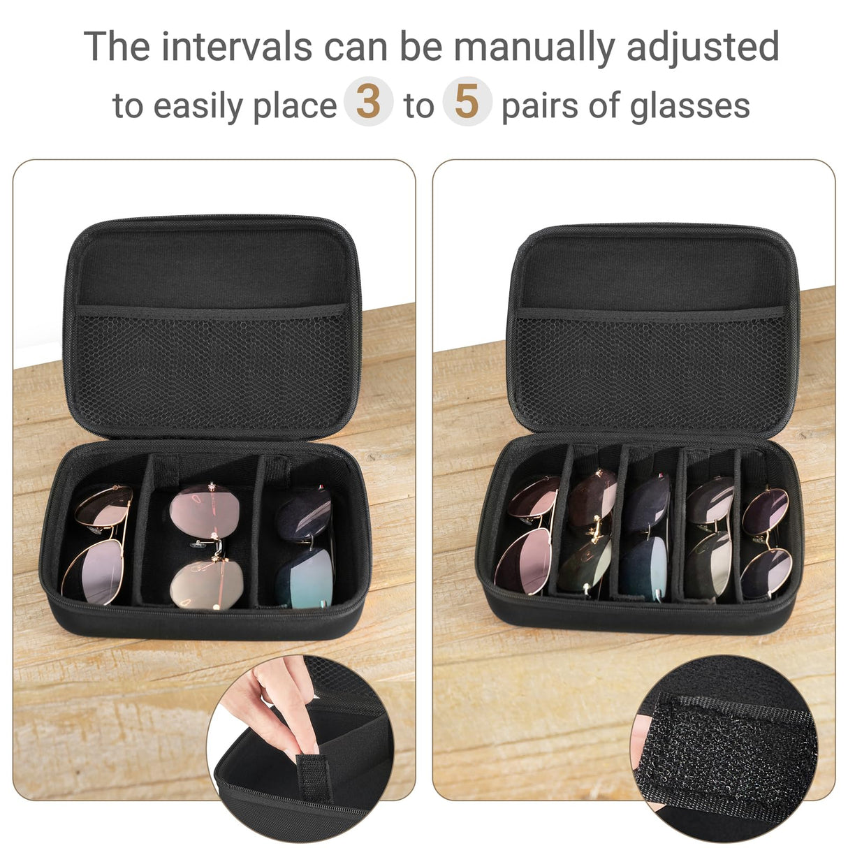 Mkono Travel Sunglasses Organizer Glasses Case Multiple Pairs with Adjustable Slots Portable Eyeglasses Case Storage Box for Men Women, Medium, Black Mkono