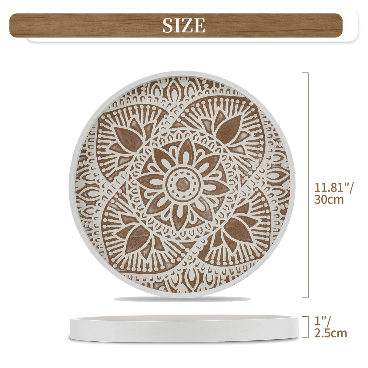 Hanobe Decorative Serving Tray Round: Farmhouse Coffee Table Tray for Ottoman Boho Wooden Centerpiece Rustic White Washed Mandala Home Decor Living Dining Room Kitchen Counter Display Hanobe