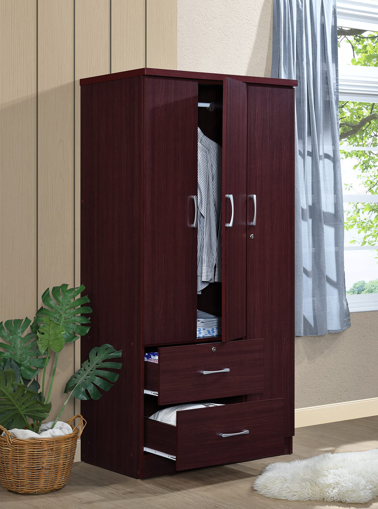 Hodedah 3-Door 2-Drawers, 3-Shelves in Mahogany Bedroom Armoires Hodedah