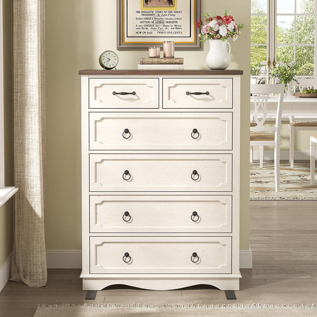 Maupvit 6 Drawer Dresser, 43" Tall Chest of Drawers for Bedroom, Farmhouse Dresser with Large Drawers & Metal Ring Pull Handles, Wood Dressers for Living Room, Hallway, Entryway, Antique White Maupvit