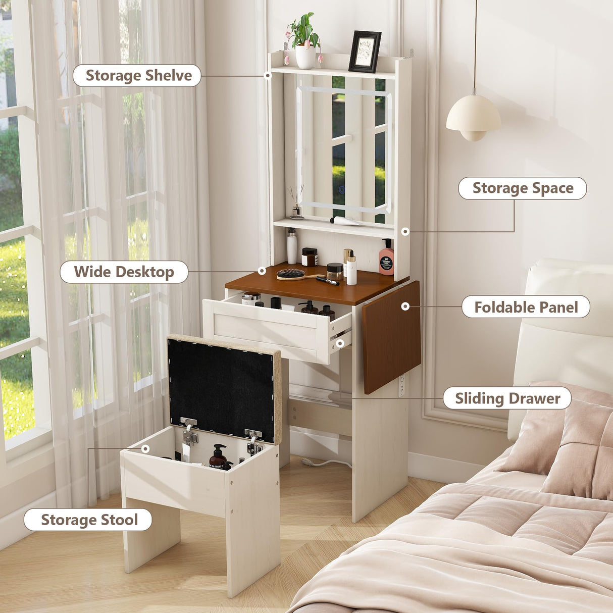 Small Vanity Desk with Mirror and Lights,Farmhouse Makeup Vanity Table with Charging Station,Compact Vanity with Storage Chair& Drawer,White Dressing Table with Fold-up Panel for Small Space,Bedroom LTMEUTY