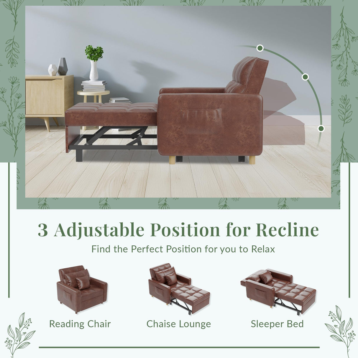 Esright Futon Chair Bed, 3-in-1 Pull-Out Sleeper Sofa Reading Chair for Adults, Convertible Sofa Chair with 3-Level Backrest for Small Space, Dorm, Living Room, Apartment, Office, Saddle Brown Esright