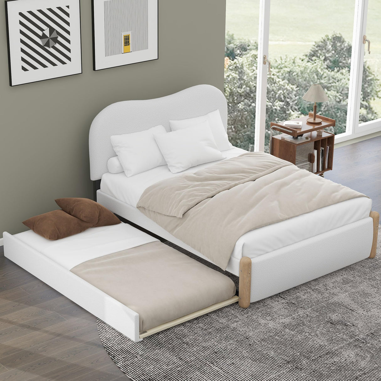 Merax Full Size Upholstered Platform Bed with Wood Supporting Feet and Twin Size Trundle, White Merax
