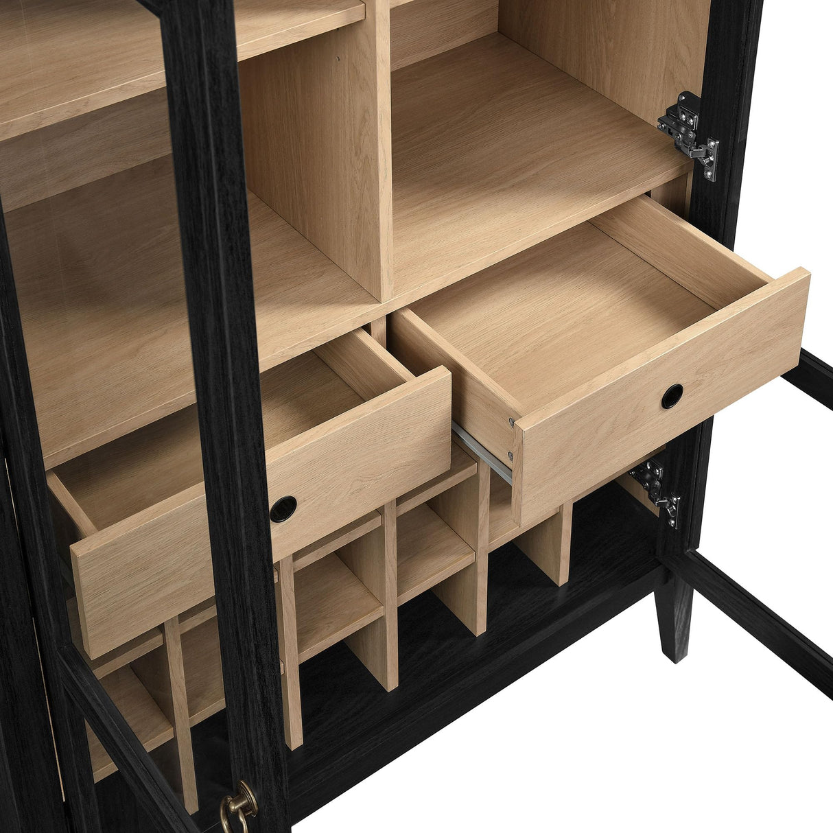 Modway Nolan Modern Farmhouse Arched Bar Cabinet in Black Wood Grain - 72 Inch Tall Wine Storage Cabinet with Glass Doors and Wine Rack - Large Liquor Cabinet for Dining or Living Room Modway