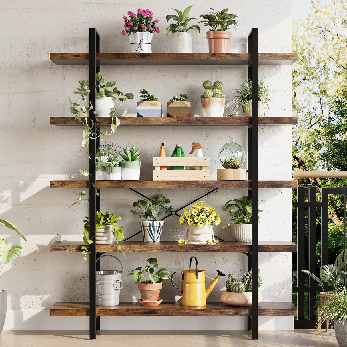 OtterOasis Heavy Duty 5-Tier Industrial Bookcase, 47" Wide Wood Bookshelf for Home Office, 120lbs Shelf Capacity, Rustic Open Shelving Display with Reinforced Horizontal Shelf for Living Room Bedroom OtterOasis