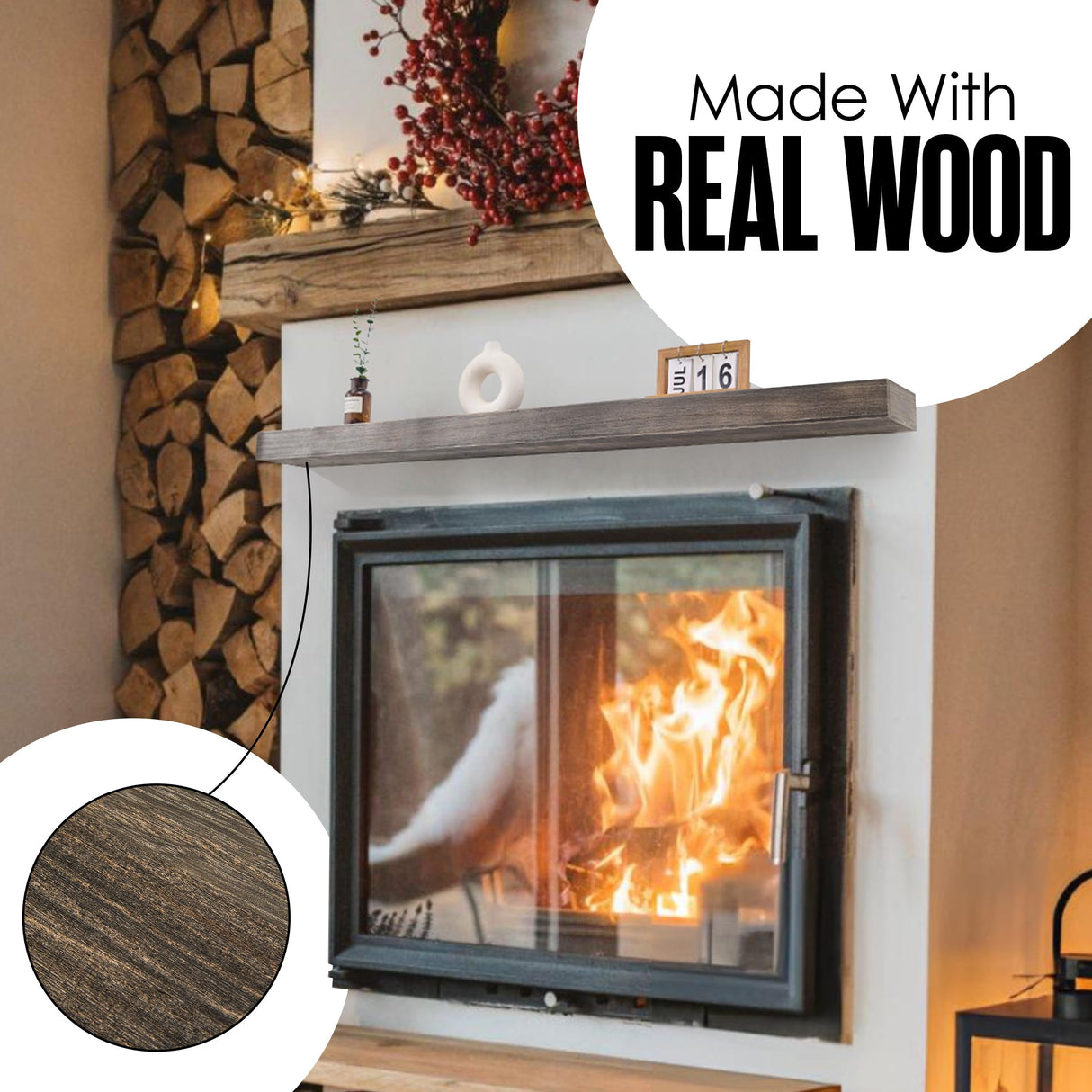 Floating Mantel Shelf, Mantle, Mantel Shelf, Wood Mantle, Fireplace Shelves, Floating Mantels, Mantal, for Wall, Over Fire Place, Chimney, Real Wooden Beam, Rustic Grey, 66 Inch, 75 lb Capacity Houseables