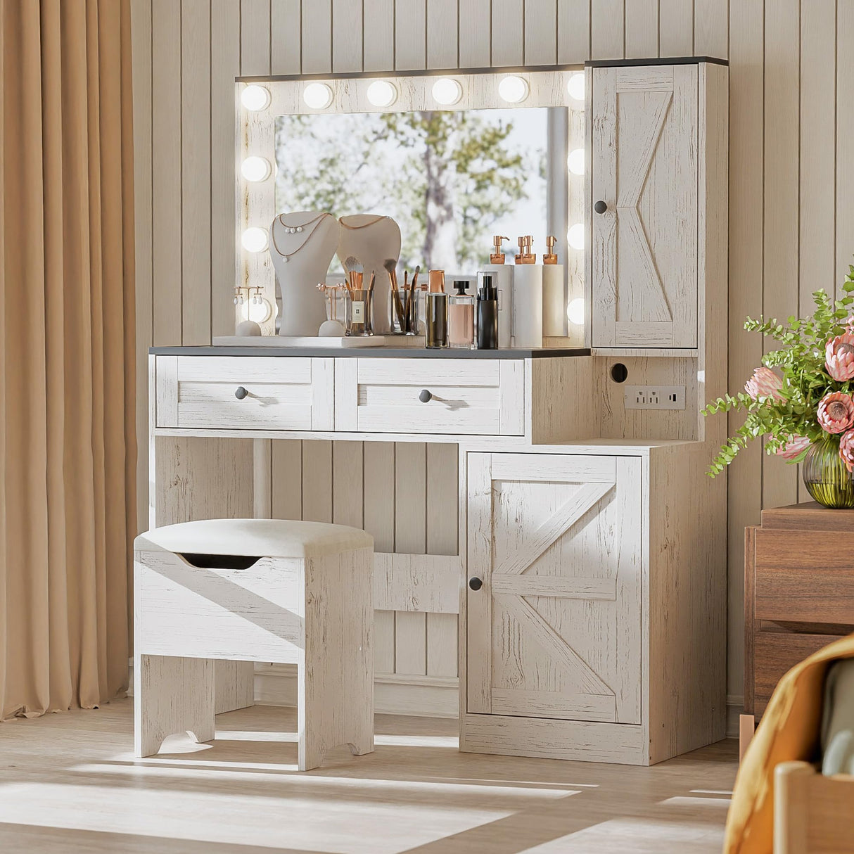 SunsGrove Farmhouse 43.3" Vanity Desk with Hollywood Makeup Mirror and Lights, White Vanity with 2 Drawers & 2 Cabinets, Large Modern Vanity Desk with Vanity Storage Chair for Bedroom (Antique White) SunsGrove