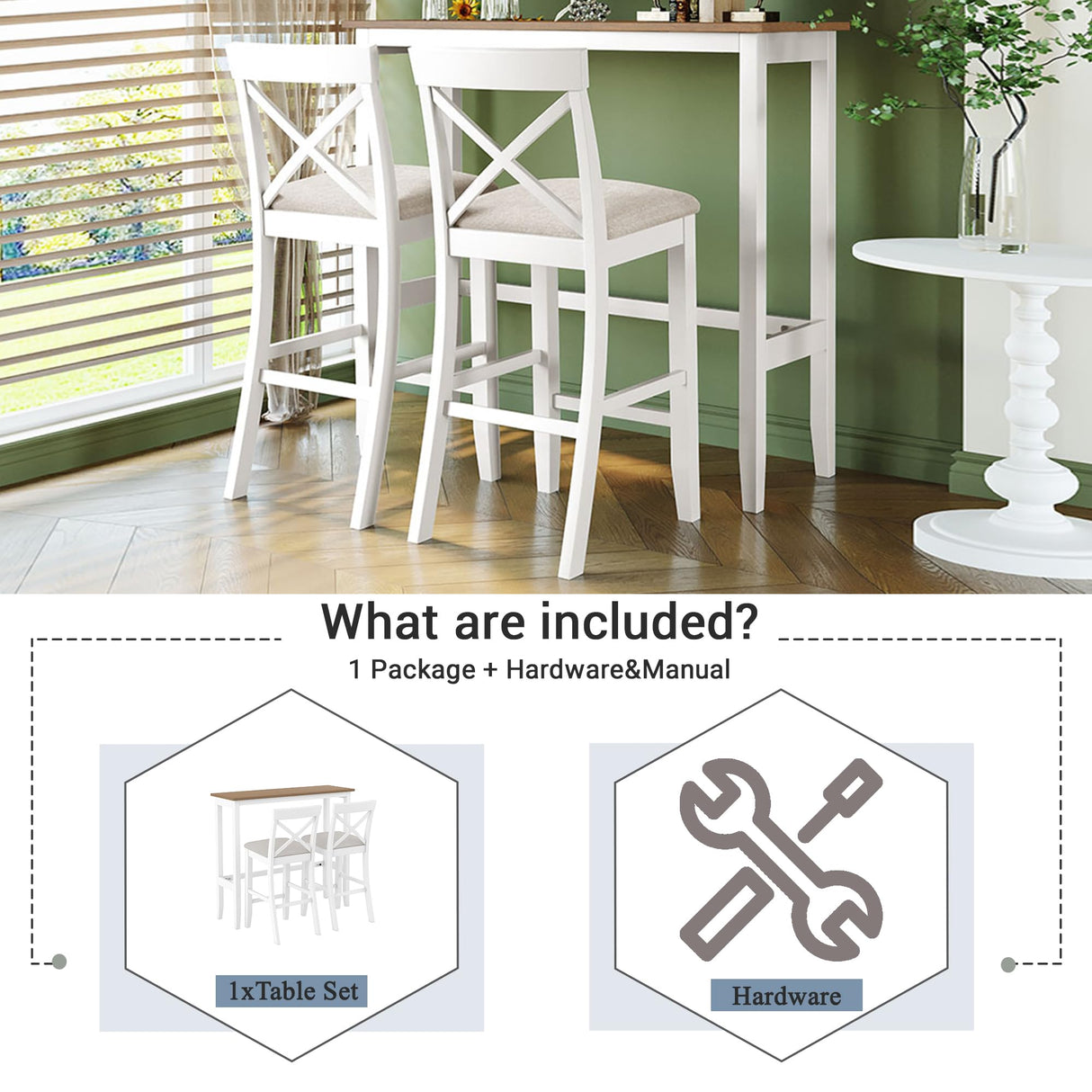 LUMISOL Bar Table and Chair Set, Small Counter Height Table Set for 2, 3 Piece Bar Table Set for Dining Room Small Place, Breakfast Nook Table Set, Space Saving for Living Room, Beige LUMISOL