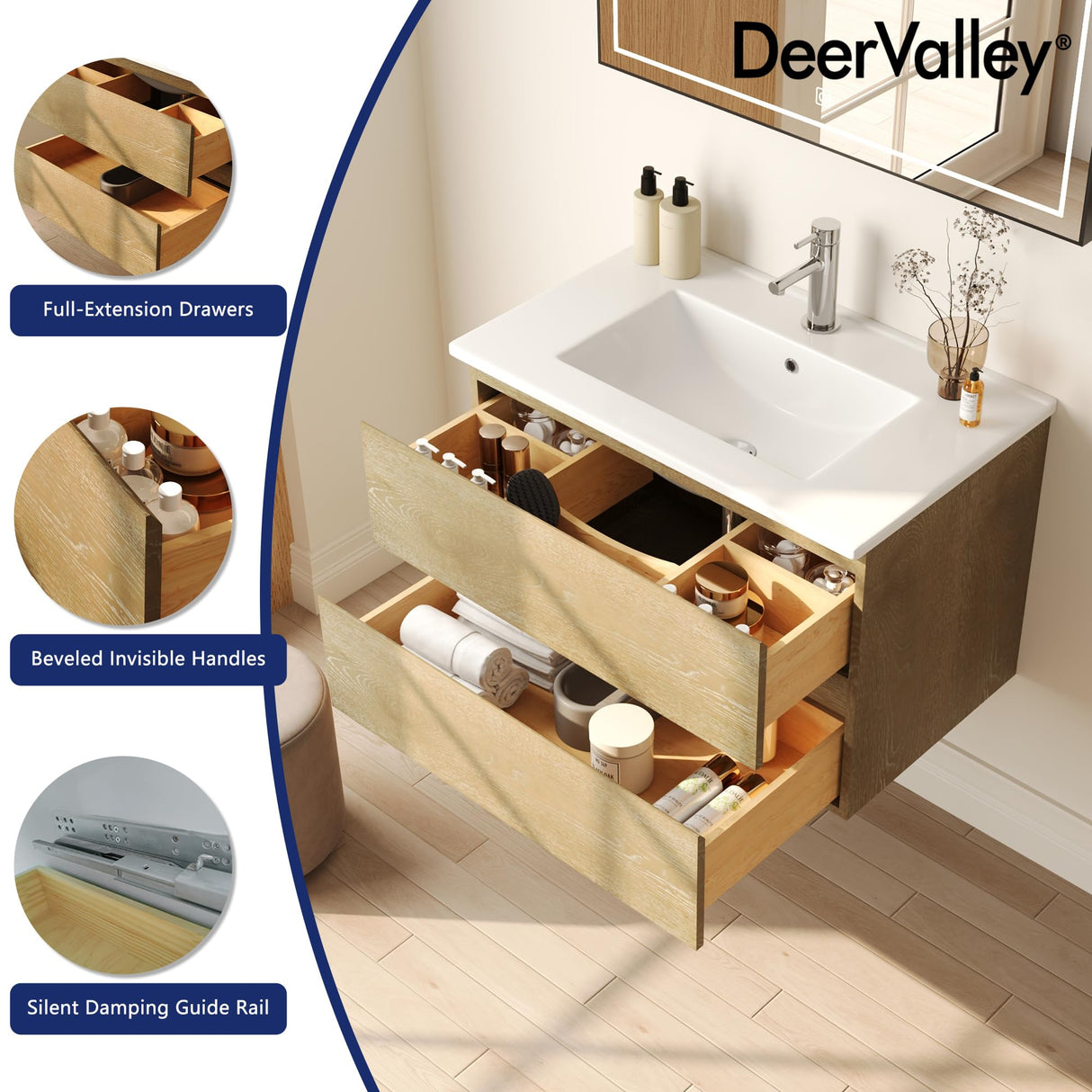 Deer Valley DV-1BV0152NW 30'' Wall Mounted Bathroom Vanity with Ceramic Sink Top, Pre-Assembled Modern Floating Wood Bathroom Cabinet Sink Combo with 2 Drawers Deer Valley