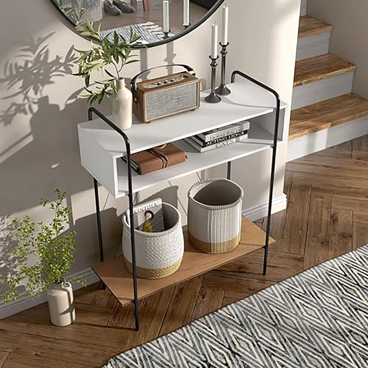 Furniture of America Alyia Modern 36 inch High Console Table with Storage Shelves and Metal Frame Legs for Living Room, Entryway, Hallway, Office, Corridor, Foyer, White Pure & Distressed Oak Furniture of America